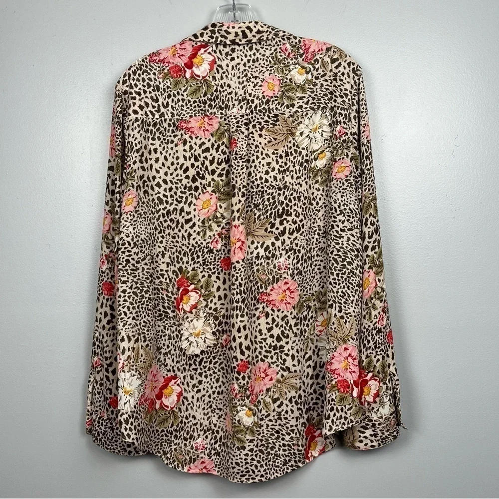 Nanette Lepore floral & animal print roll tab button front blouse top, large.